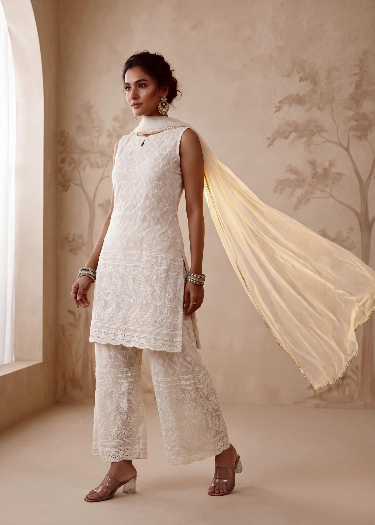 Ivory Cotton Chikankari Kurta Sharara Set with Organza Dupatta – worn by model