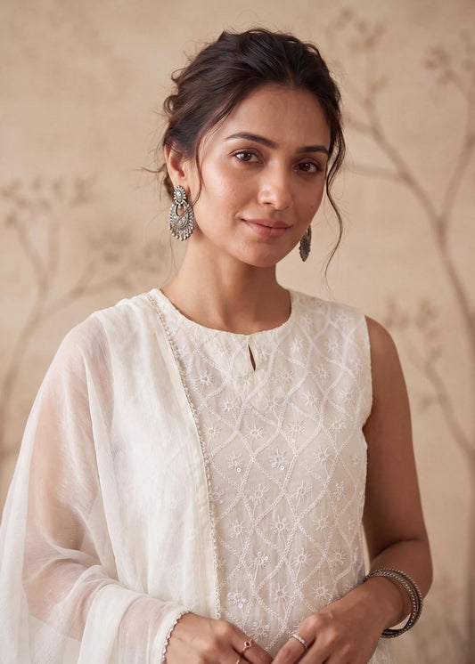 Ivory Chikankari Kurta Sharara Set with Dupatta