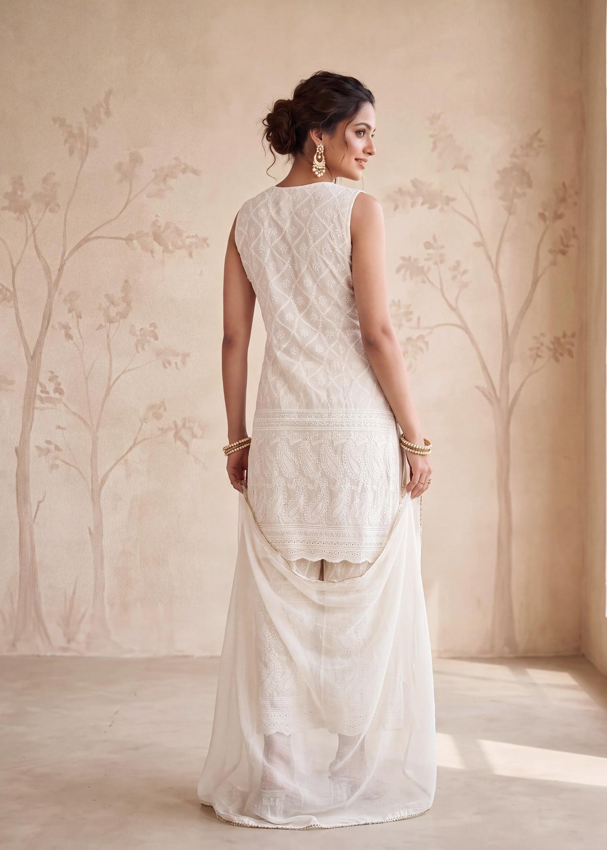 Ivory Cotton Chikankari Kurta Sharara Set with Organza Dupatta – back view with dupatta