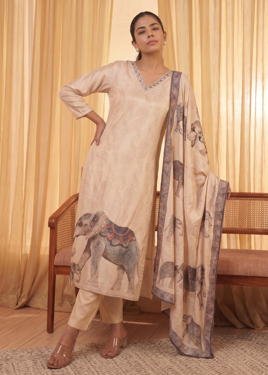 Elephant Print Kurta Set with Dupatta