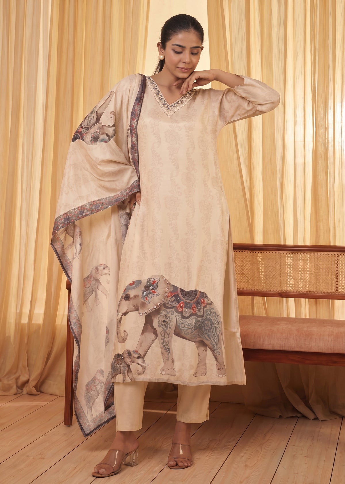Ivory Muslin Elephant Print Kurta Set with Dupatta – worn by model