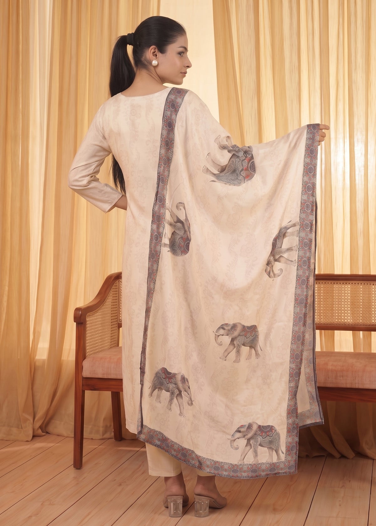 Ivory Muslin Elephant Print Kurta Set with Dupatta – back view with dupatta