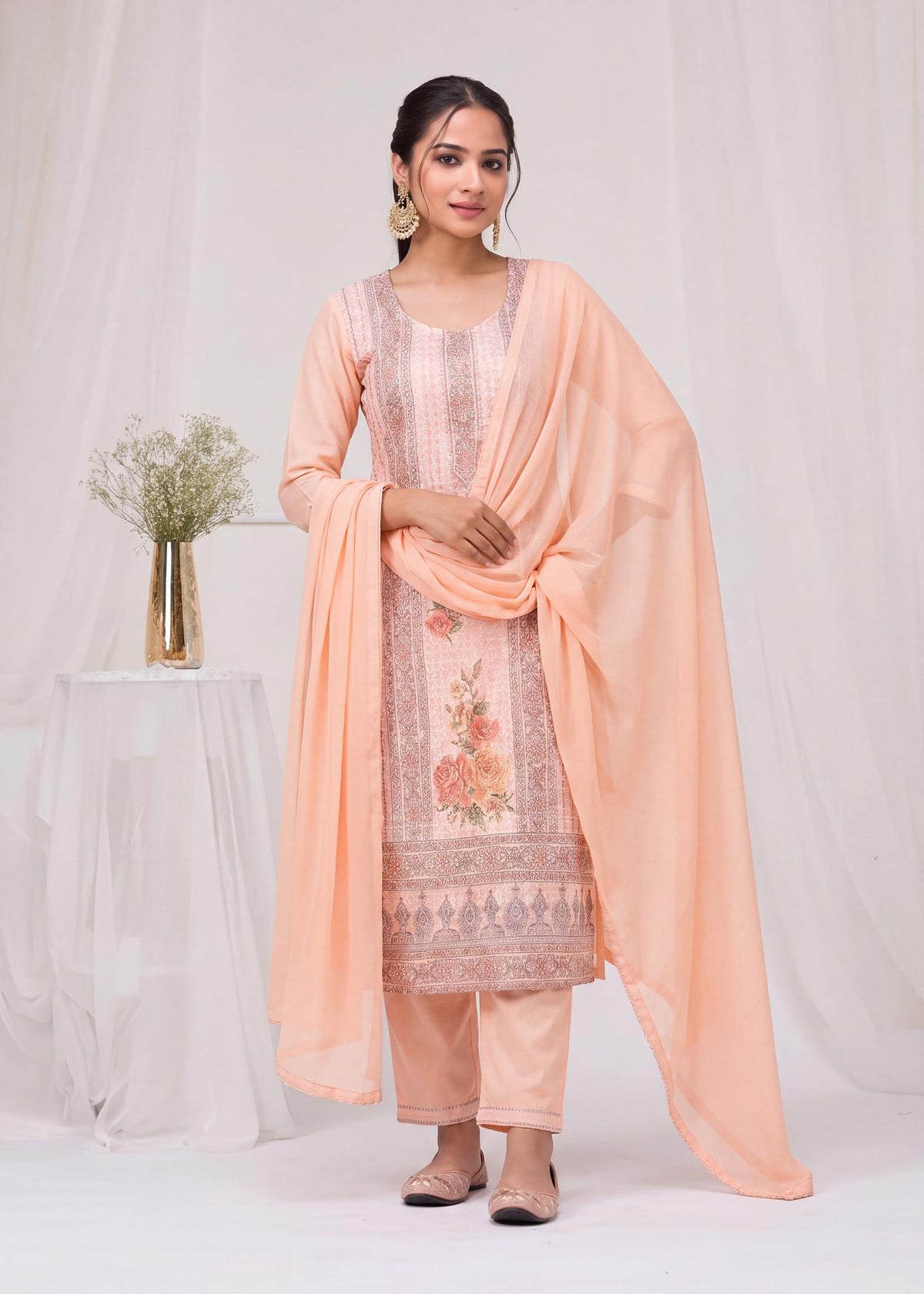 Peach Cotton Chikankari Kurta Set with Chiffon Dupatta – front view