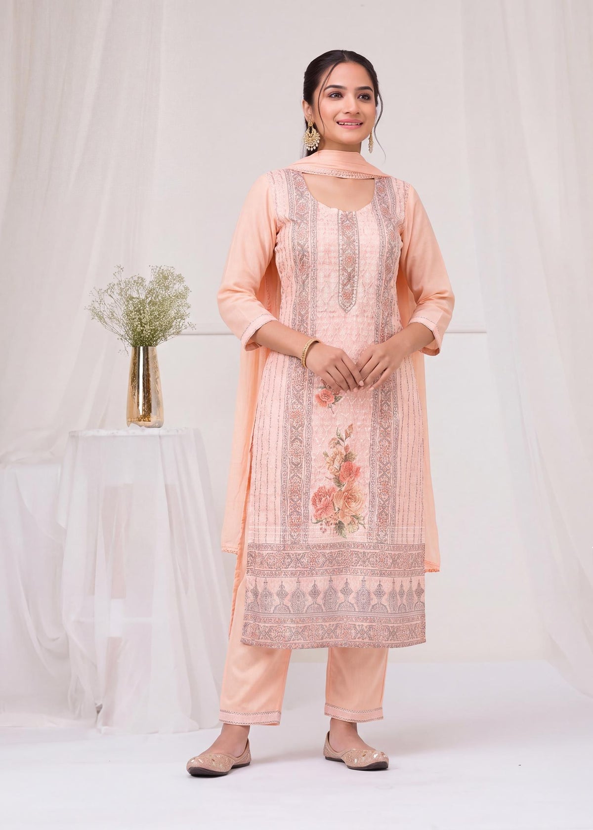 Peach Cotton Chikankari Kurta Set with Chiffon Dupatta – close-up