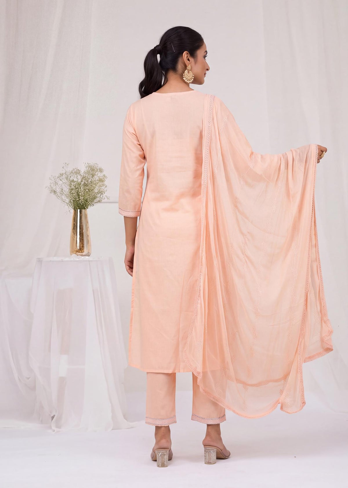 Peach Cotton Chikankari Kurta Set with Chiffon Dupatta – lifestyle view