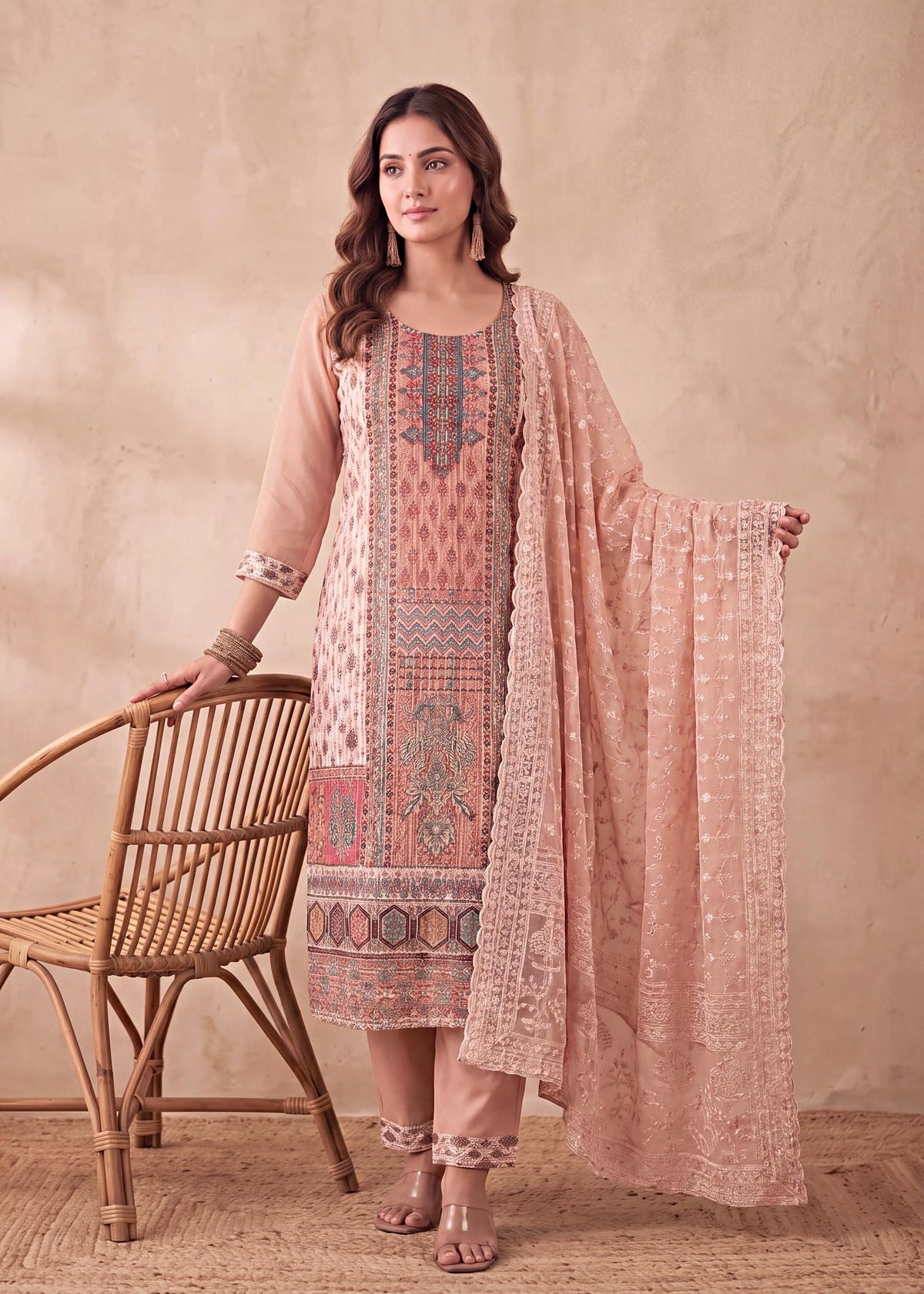 Beige Georgette Schiffli Digital Print Kurta Set with Chiffon Dupatta – front view