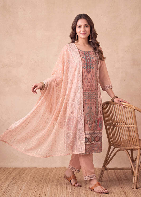 Beige Embroidered Kurta Set with Chiffon Dupatta