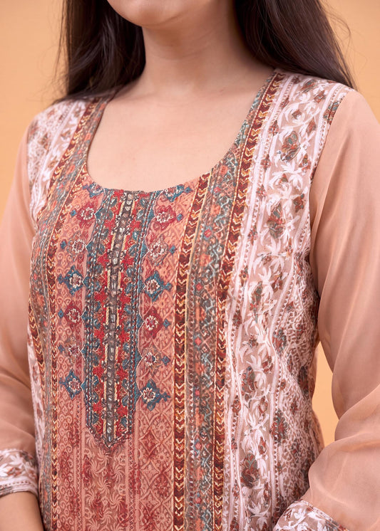 Beige Embroidered Kurta Set with Chiffon Dupatta