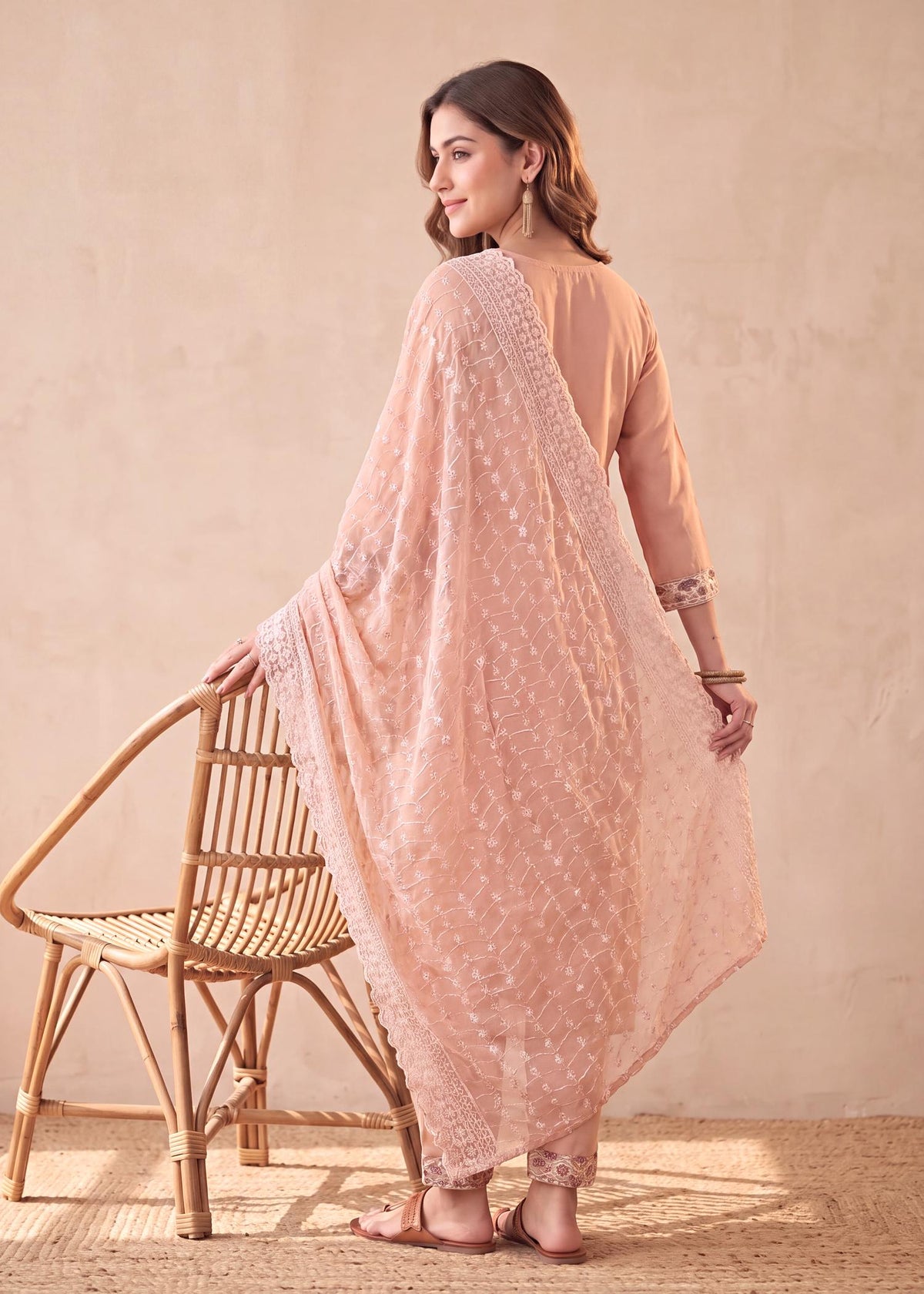 Beige Georgette Schiffli Digital Print Kurta Set with Chiffon Dupatta – back view with dupatta