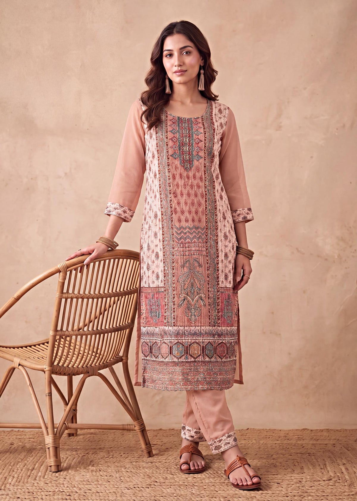 Beige Georgette Schiffli Digital Print Kurta Set with Chiffon Dupatta – front view without dupatta