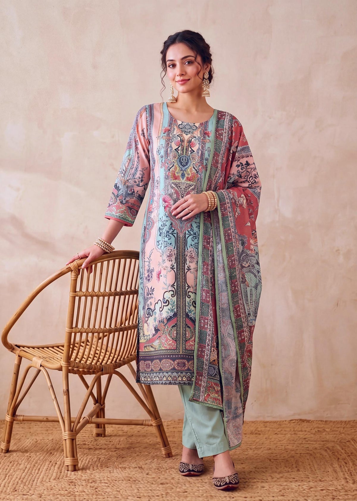 Aqua Muslin Pakistani Print Kurta Set with Dupatta – close-up