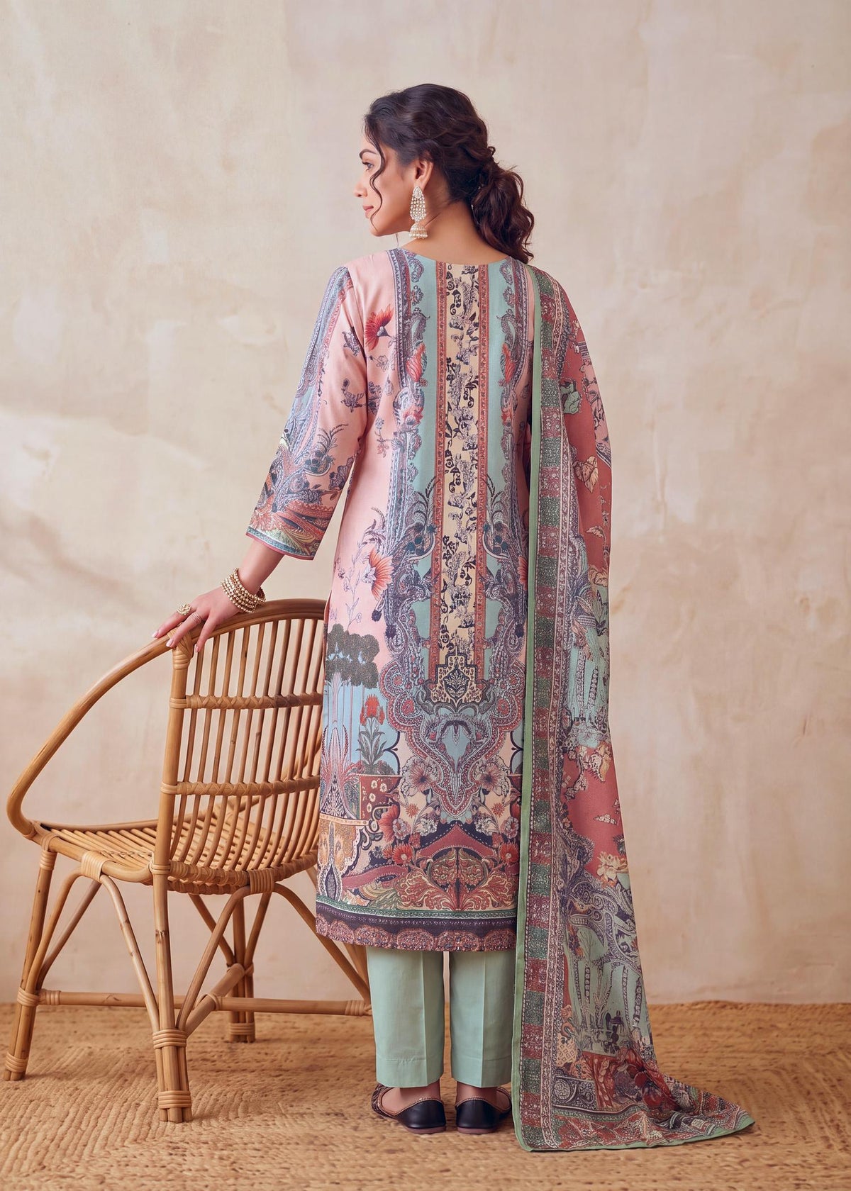 Aqua Muslin Pakistani Print Kurta Set with Dupatta – lifestyle view