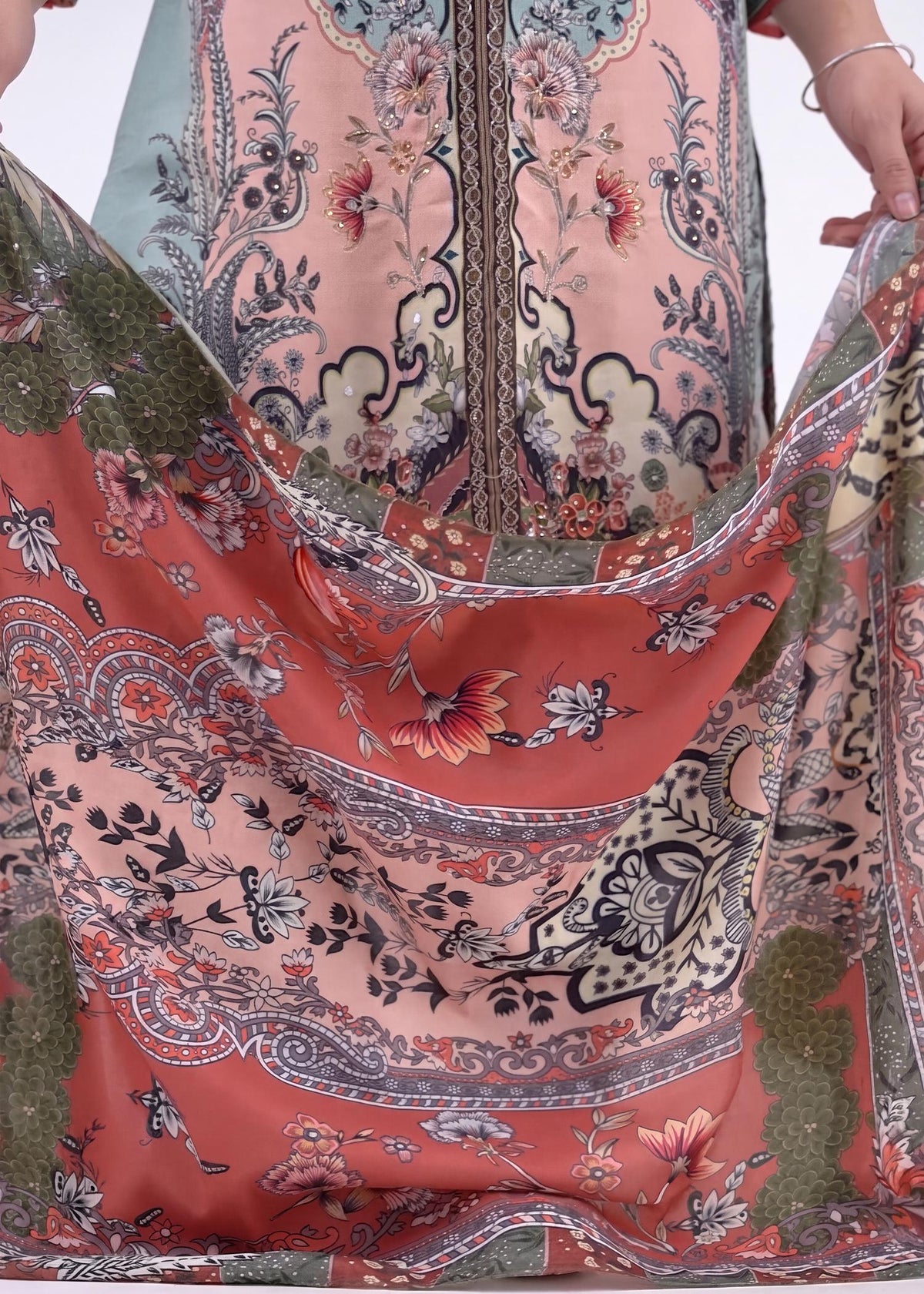 Aqua Muslin Pakistani Print Kurta Set with Dupatta – detail view