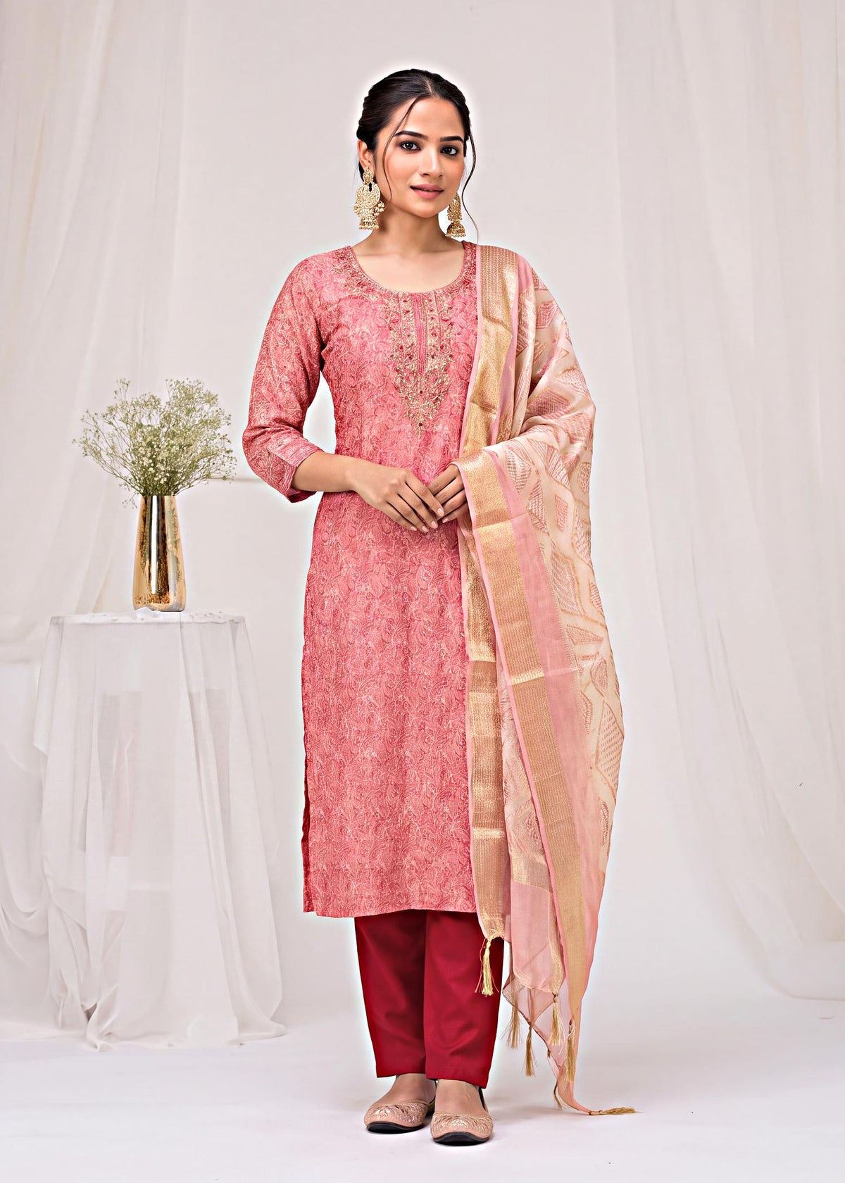 Rose Pink Shimmer Paisley Print Kurta Set with Organza Dupatta – front view