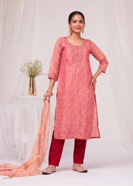 Peach Charm Kurta Set with Golden Border Dupatta
