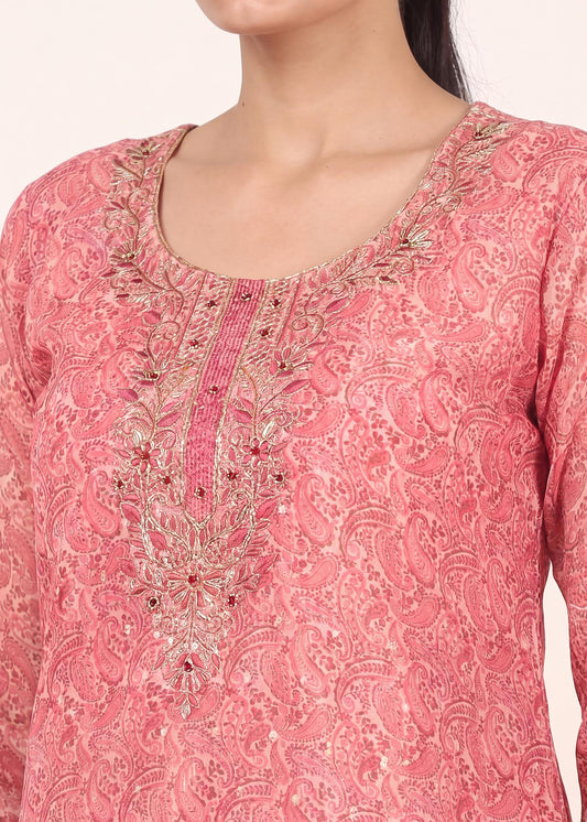 Peach Charm Kurta Set with Golden Border Dupatta