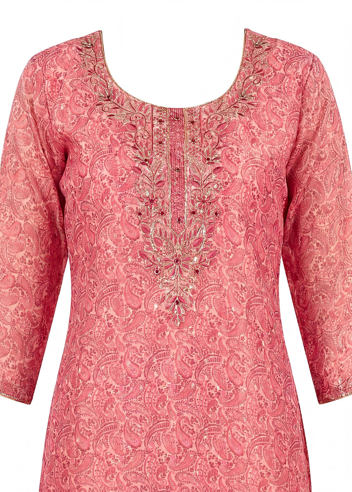Rose Pink Shimmer Paisley Print Kurta Set with Organza Dupatta – fabric detail