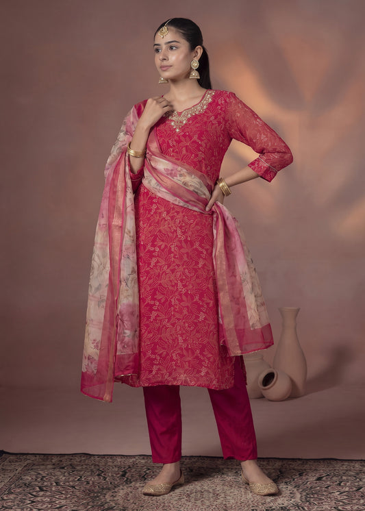 Pink with Gold Accents Kurta Set with Floral Dupatta