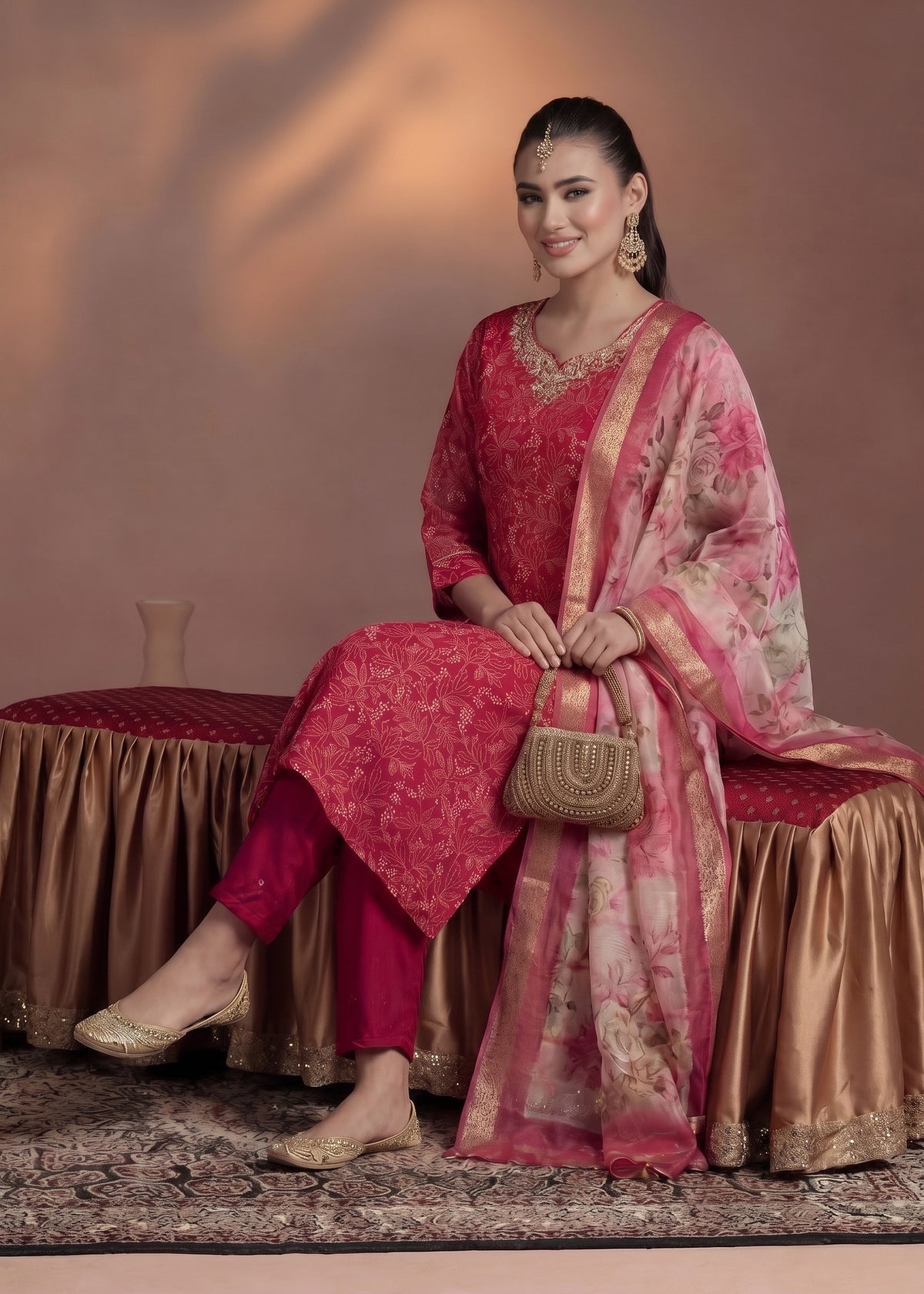 Woman seated wearing pink kurta set with gold accents and floral dupatta