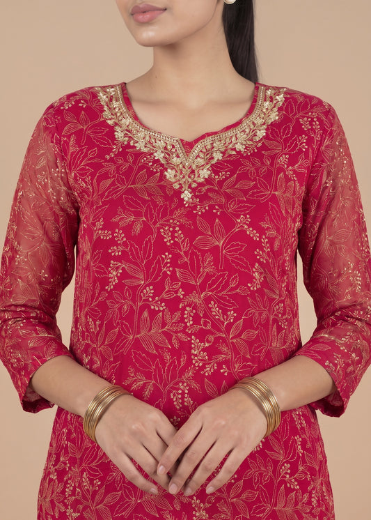 Pink with Gold Accents Kurta Set with Floral Dupatta