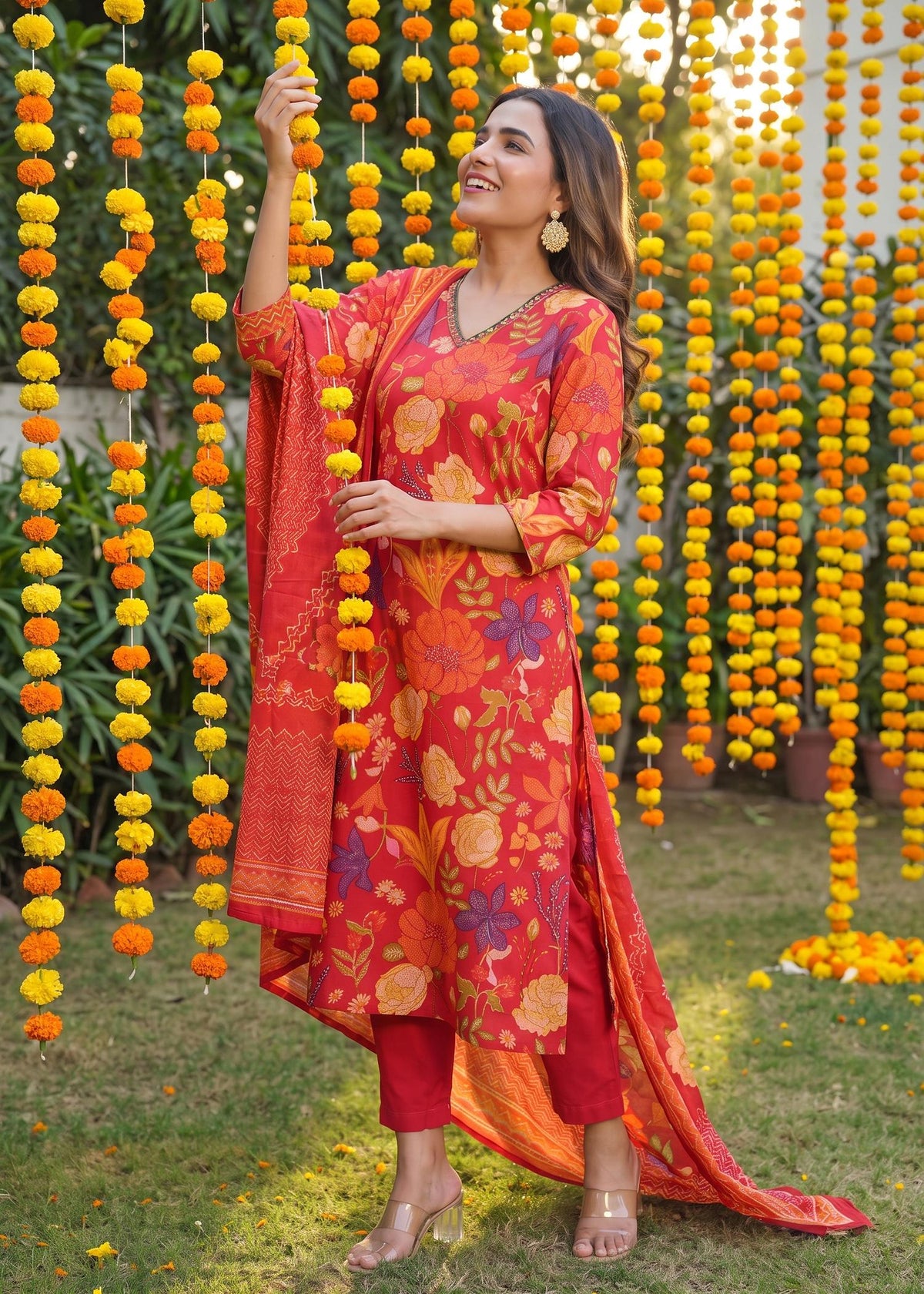 Red Floral Print Modal Silk Kurta Set with Dupatta – worn by model