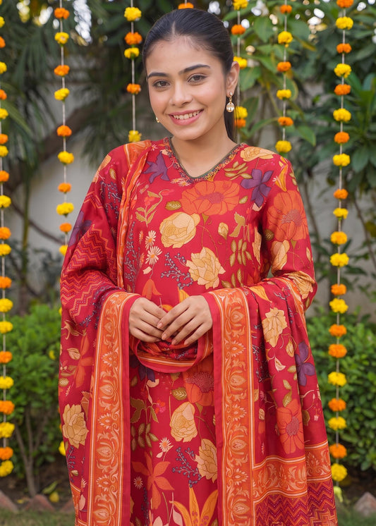 Vibrant Red Floral Printed Kurta Set with Dupatta