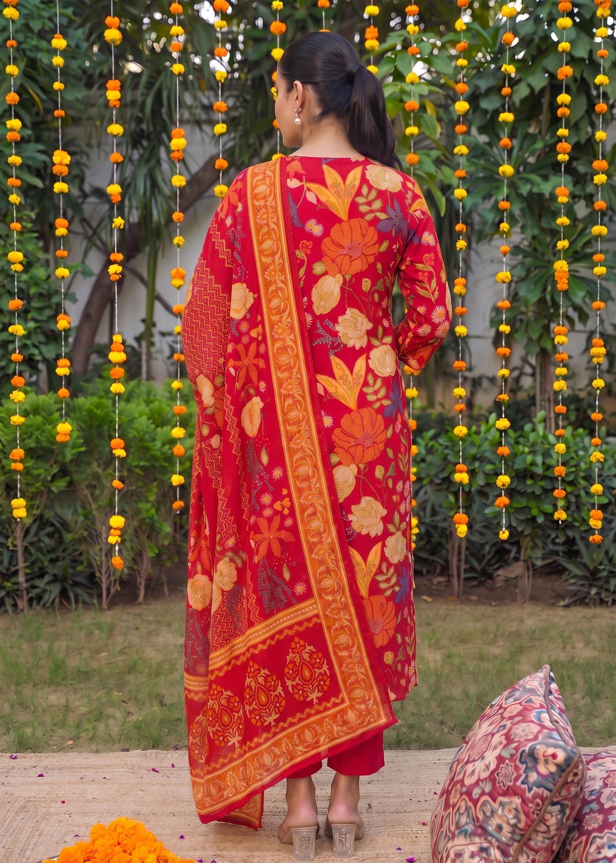 Red Floral Print Modal Silk Kurta Set with Dupatta – back view with dupatta