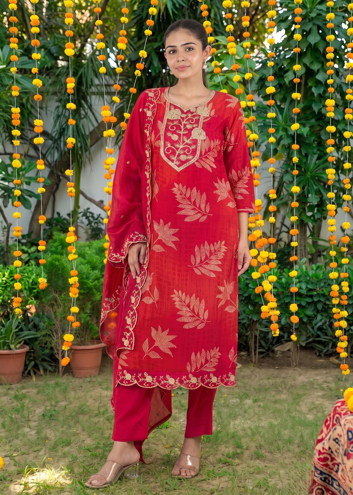 Red Dola Silk Zari Embroidered Kurta Set with Dupatta – worn by model