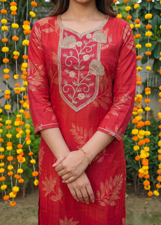 Red Zari Embroidered Kurta Set with Dupatta
