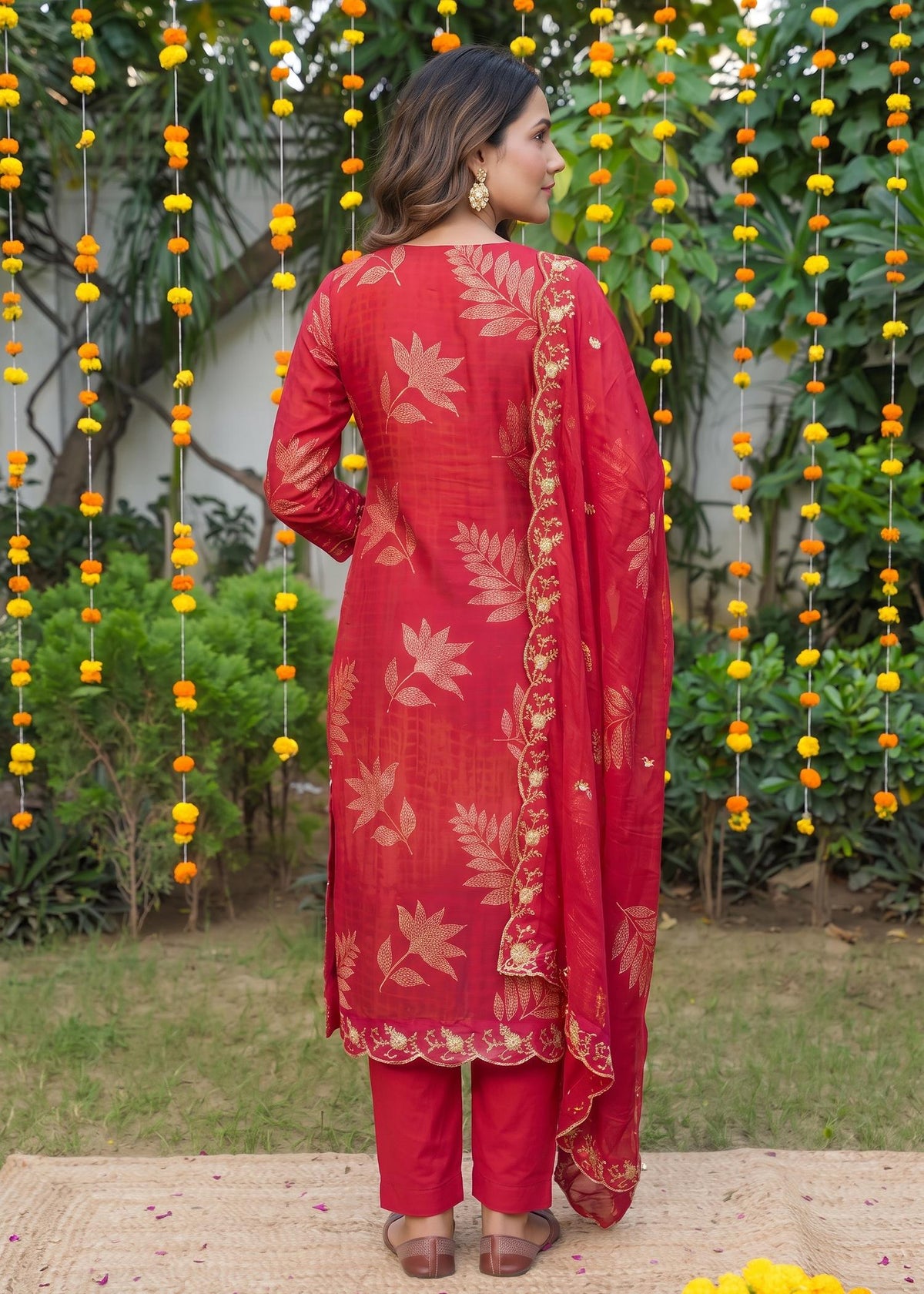 Red Dola Silk Zari Embroidered Kurta Set with Dupatta – back view with dupatta