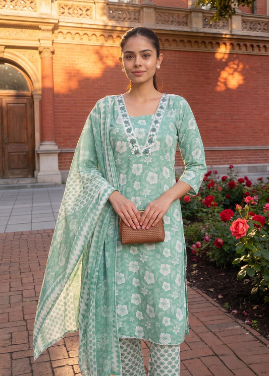Mint Green Floral Printed Kurta Pant Set with Dupatta