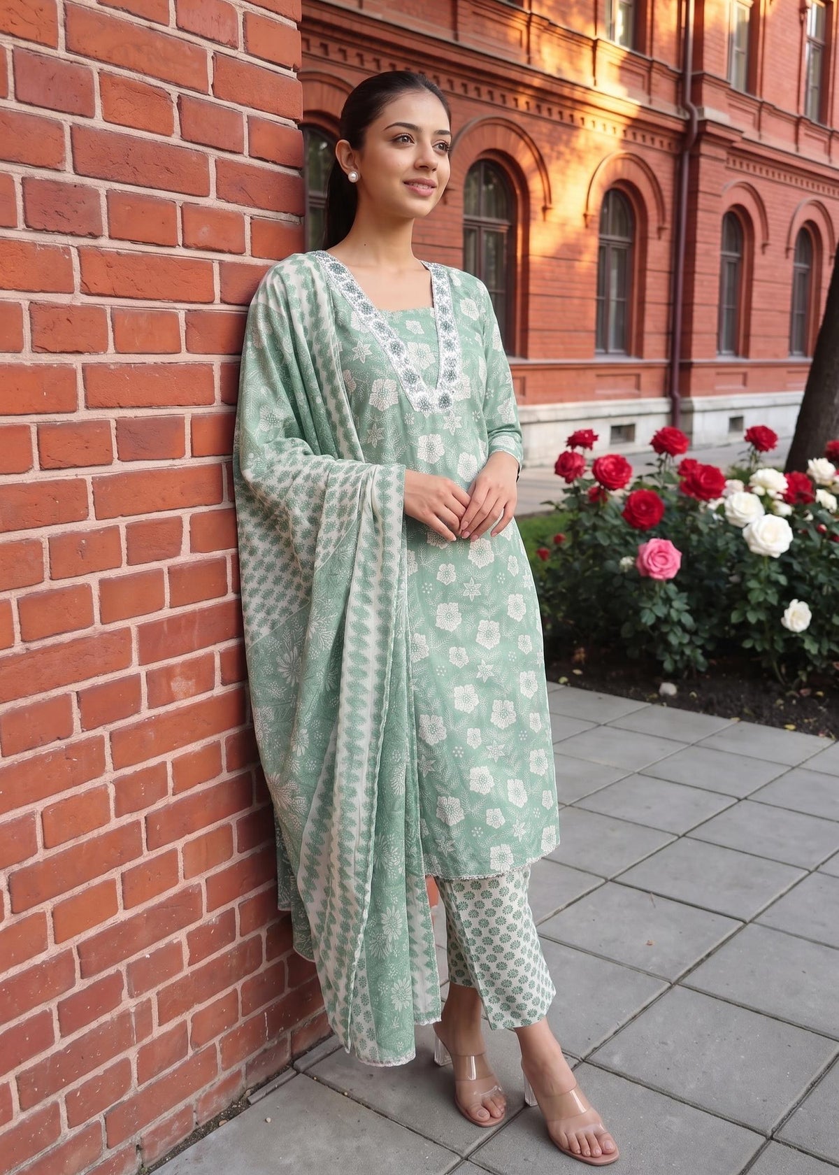 Mint Green Floral Print Cotton Kurta Pant Set with Dupatta – worn by model