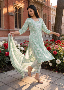 Mint Green Floral Printed Kurta Pant Set with Dupatta