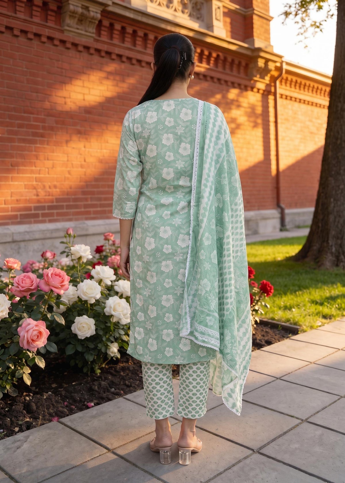 Mint Green Floral Print Cotton Kurta Pant Set with Dupatta – back view with dupatta