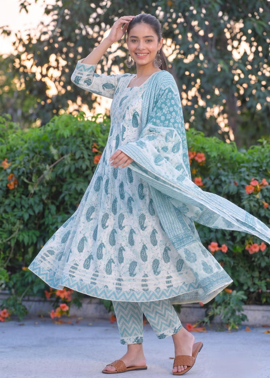 Aqua Blue Printed Anarkali Kurta Set with Dupatta