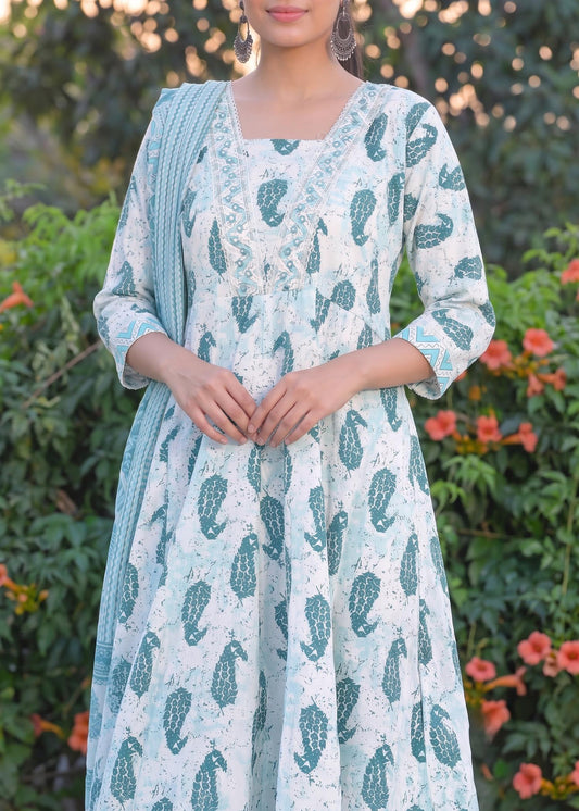 Aqua Blue Printed Anarkali Kurta Set with Dupatta