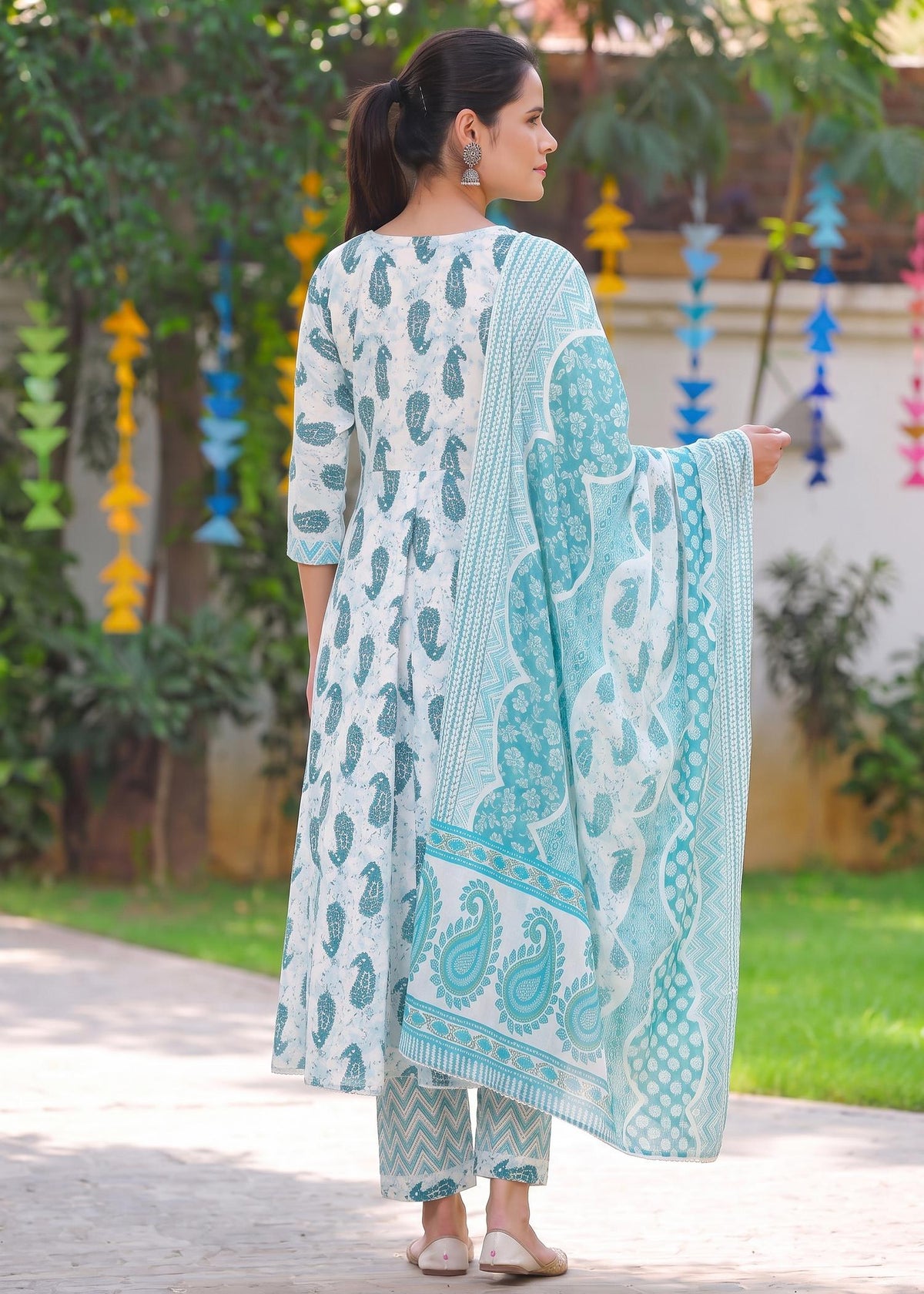 Aqua Paisley Print Cotton Anarkali Suit Set with Dupatta – back view with dupatta