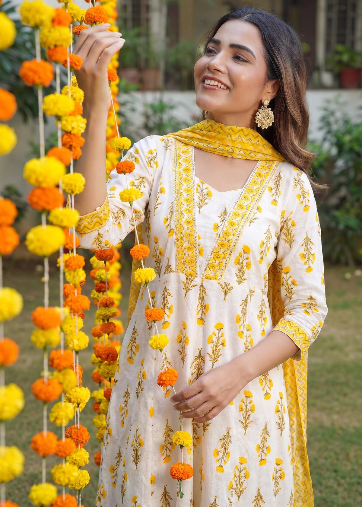 Cream Yellow Floral Print Cotton Anarkali Suit Set with Dupatta – worn by model
