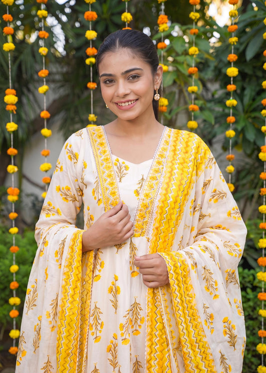 Sunshine Yellow Floral Anarkali Kurta Set with Dupatta