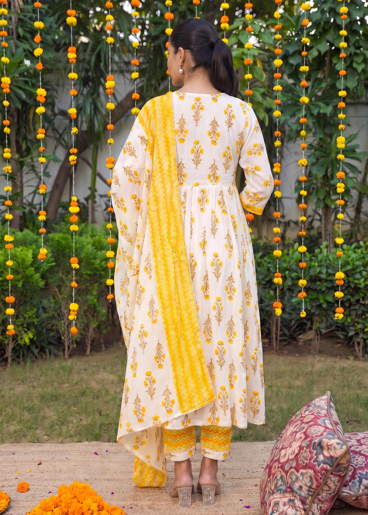 Cream Yellow Floral Print Cotton Anarkali Suit Set with Dupatta – back view with dupatta