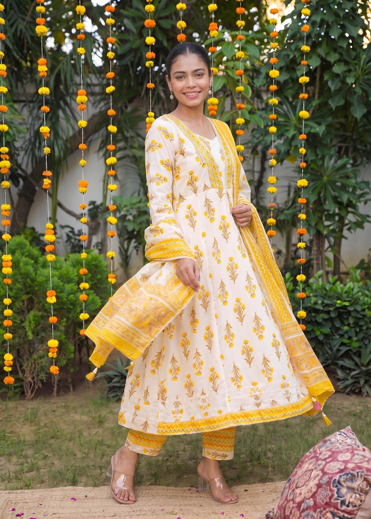 Cream Yellow Floral Print Cotton Anarkali Suit Set with Dupatta – flared twirl