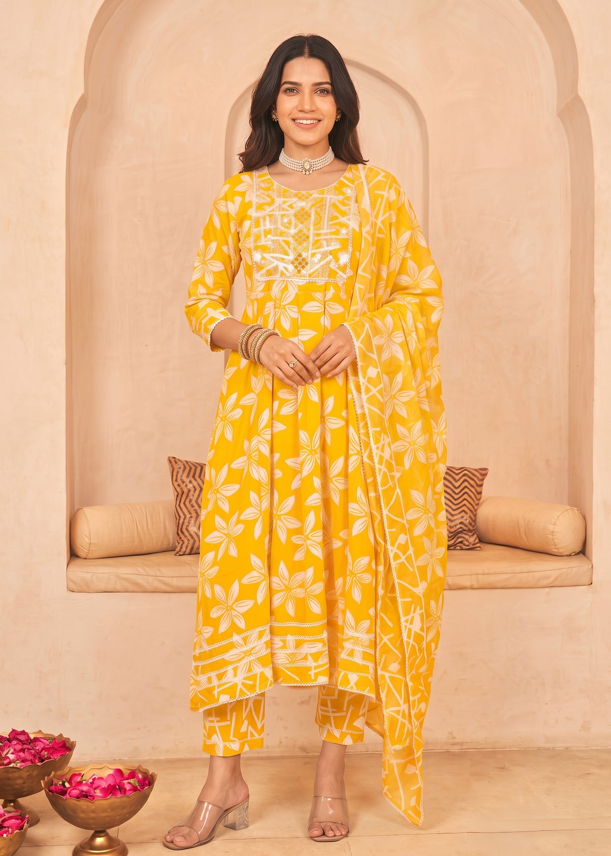 Yellow Floral Print Cotton Anarkali Suit Set with Dupatta – front view