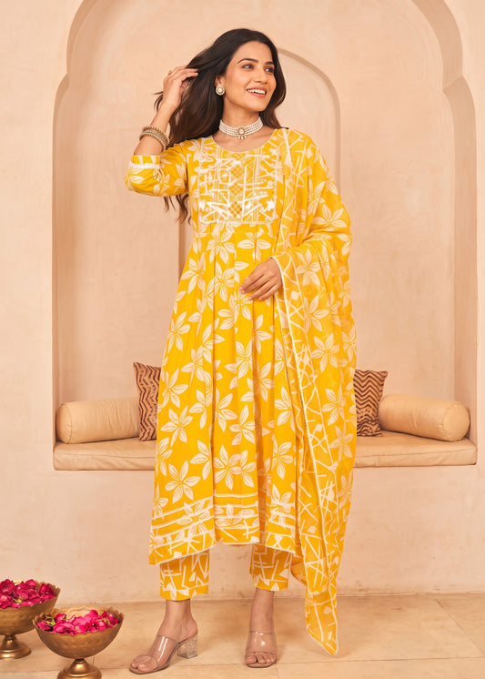 Bright Yellow Floral Printed Anarkali Suit Set with Dupatta