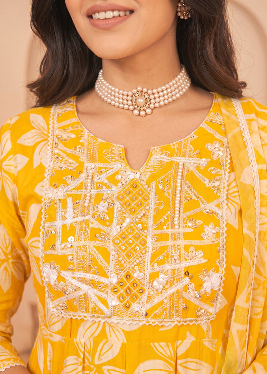 Bright Yellow Floral Printed Anarkali Suit Set with Dupatta