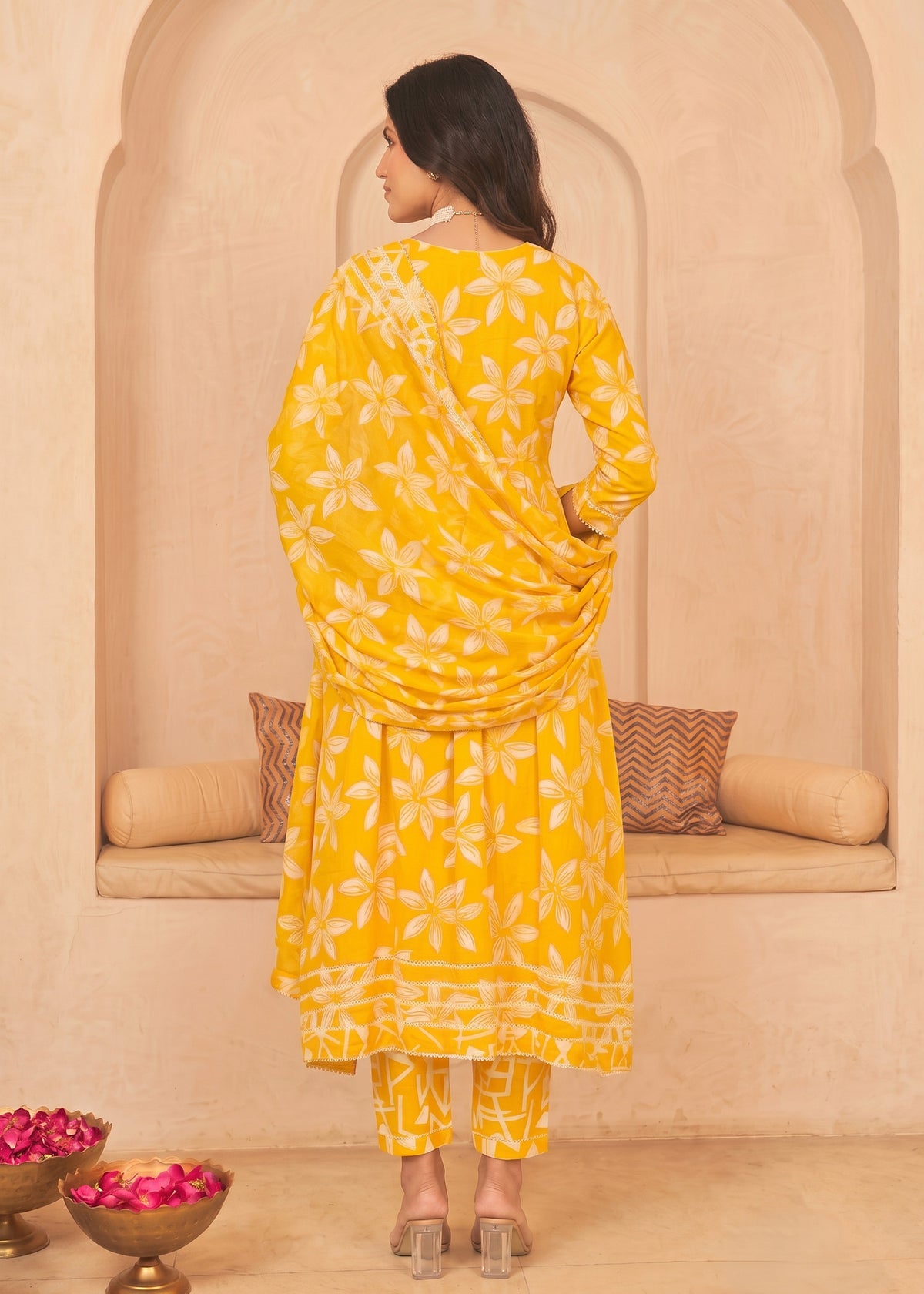 Yellow Floral Print Cotton Anarkali Suit Set with Dupatta – back view with dupatta