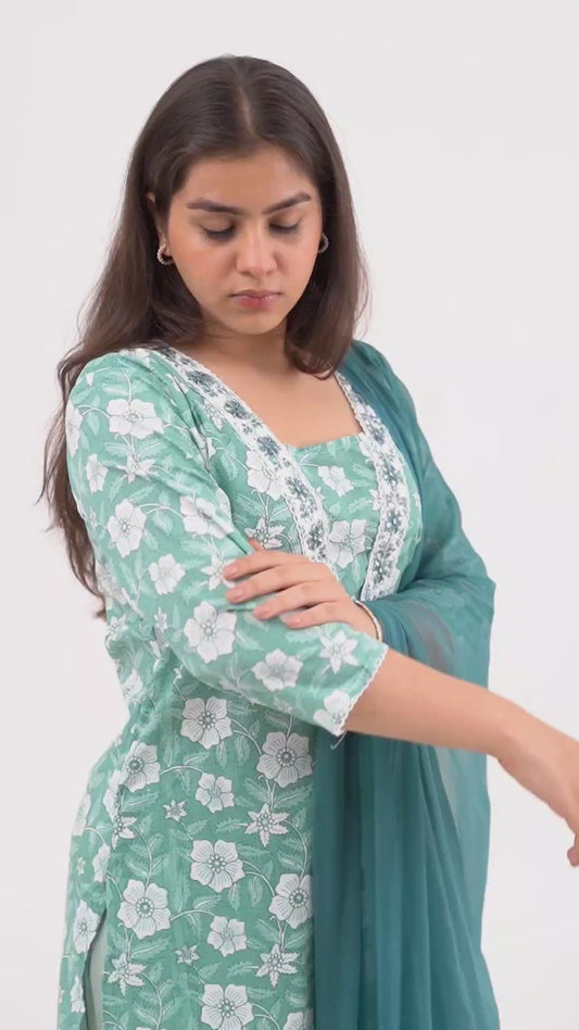 Mint Green Floral Printed Kurta Pant Set with Dupatta